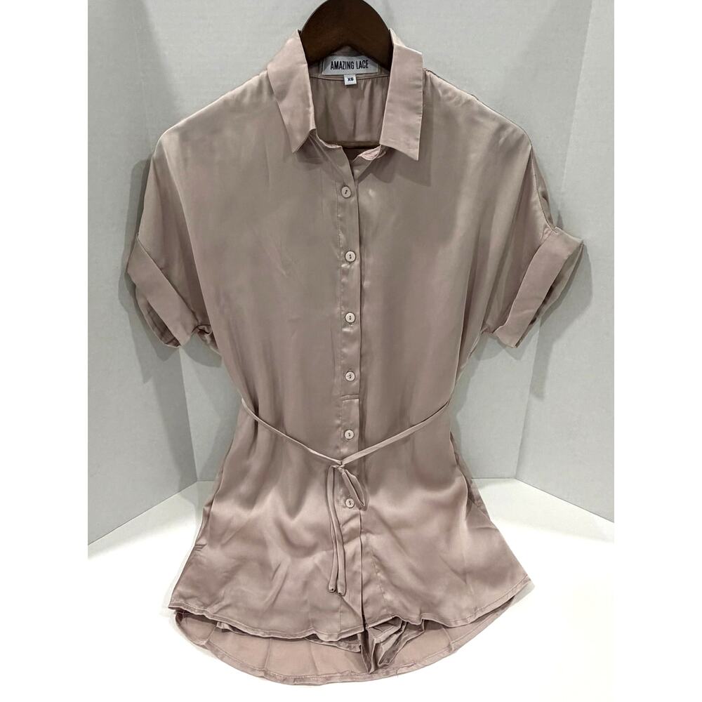 Amazing Lace 100% Polyester Blush Pink Romper Tie Waist  Dress - Size XS